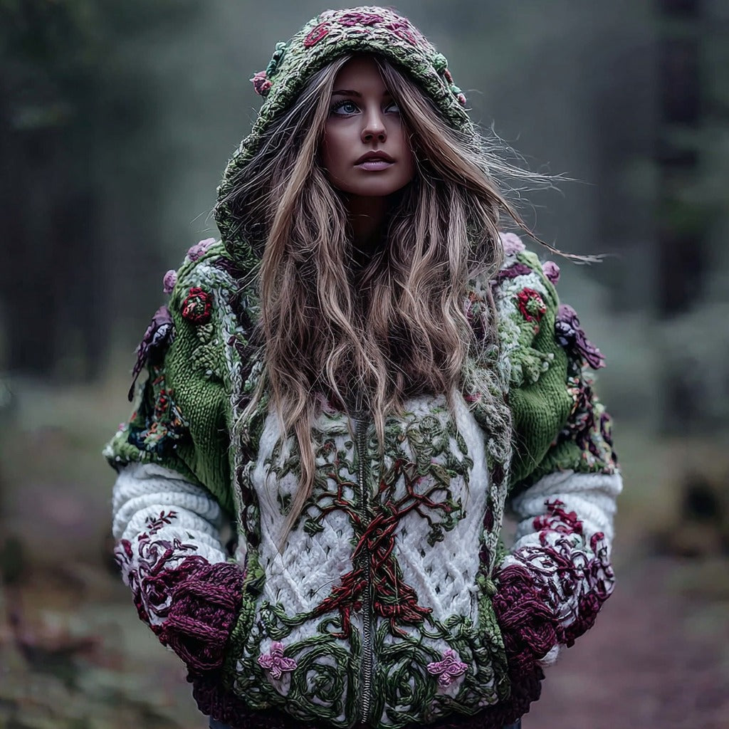 Women's Vintage Viking Tree Of Life Art Knit Zip-up Hooded Sweater elevenforest