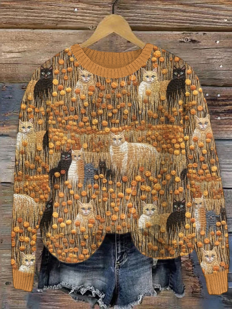 Fall Cats Embroidery Pattern Cozy Knit Sweater artswardrobe