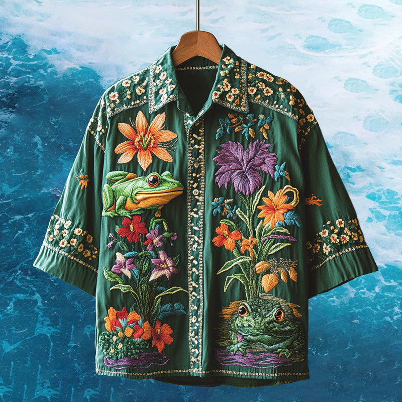 Men's Embroidered Frog Hawaiian Shirt elevenforest