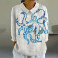 Women's Vintage Abstract Fish Octopus Art Print Casual Cotton And Linen 3/4 Sleeve Shirt elevenforest