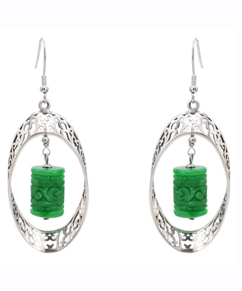 Green Sterling Silver Jade Dry Green Hollow Out Drop Earrings