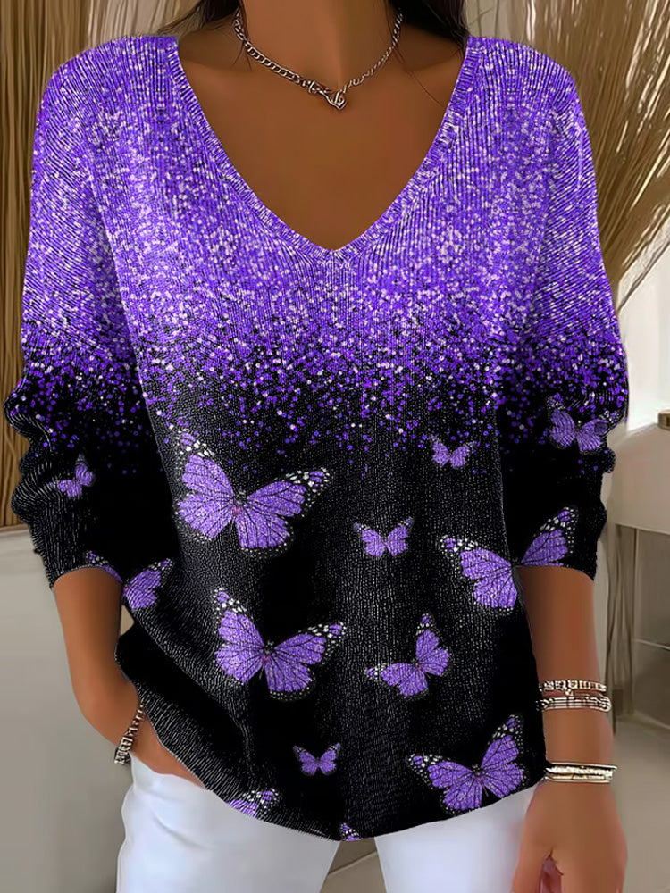 Comstylish Women's Purple Art Print Long Sleeve T-shirt
