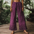 Bohemian Holiday Style Linen Bohemian Floral Print Linen Long Loose Wide-leg Pants elevenforest