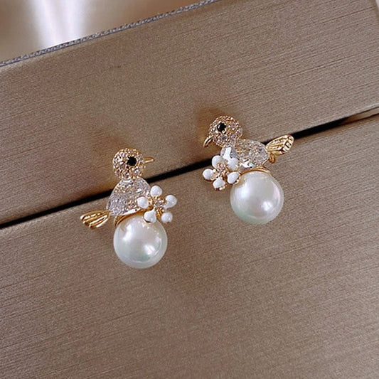 Birdie Earrings in Cubic Zirconia and Pearl Inlay
