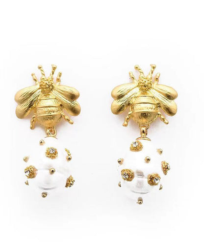Classy Gold Copper Overgild Zircon Bee Pearl Drop Earrings
