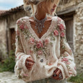 Women's Vintage Flowers Embroidery Art V Neck Knit Cozy Sweater elevenforest
