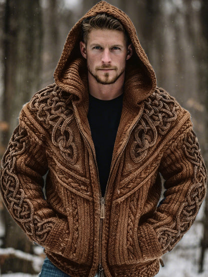 Men's Vintage Viking Celtic Knot Art Chunky Knit Hooded Zip-up Sweater artswardrobe