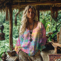Comstylish Women's Vintage Bohemian Tie-dye Art Linen Casual T-shirt