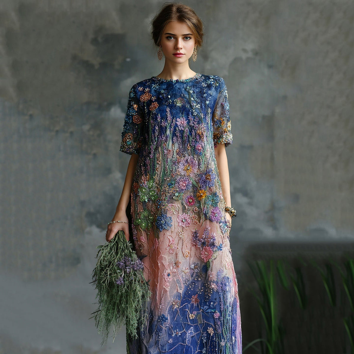 Women's Elegant Oil Painting Floral Sequined Maxi Dress elevenforest