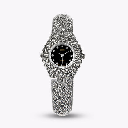 Black Sterling Silver Zircon Metal Organic Glass Wrist Watch