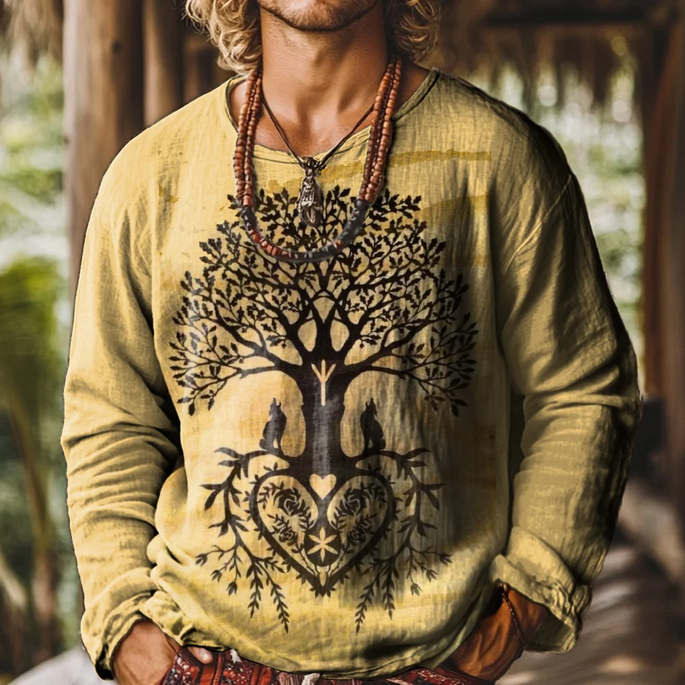 Men's Tree Of Life Gradient Art Painting Print Round Neck Long Sleeve Linen T-shirt elevenforest