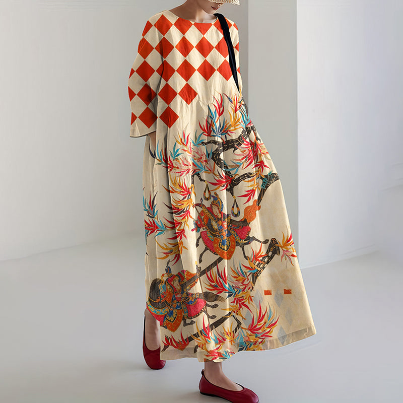Comstylish Women's Japanese Geometric Floral Art Print Midi Dress