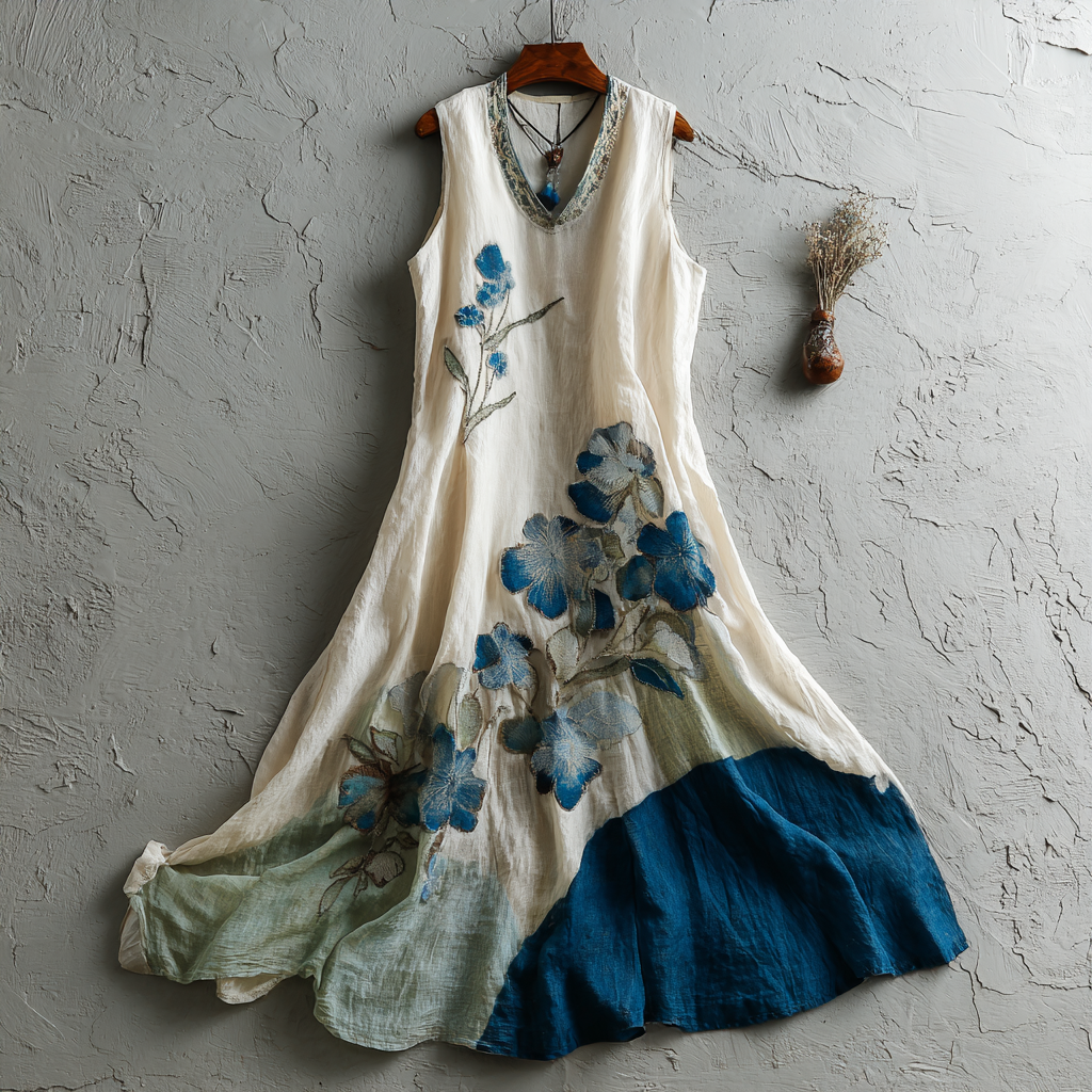 Women's Vintage Japanese Sakura Artistic Linen Sleeveless Dress elevenforest