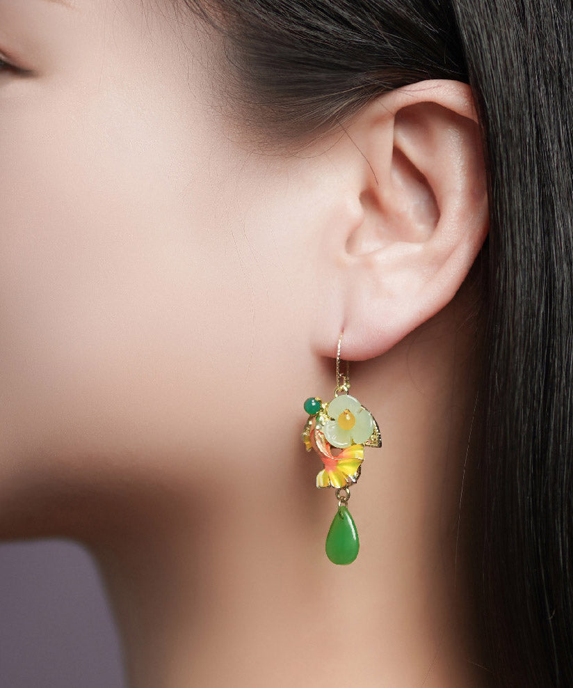 Green Coloured Glaze Chalcedony Agate Cloisonne Fish Drip Drop Earrings