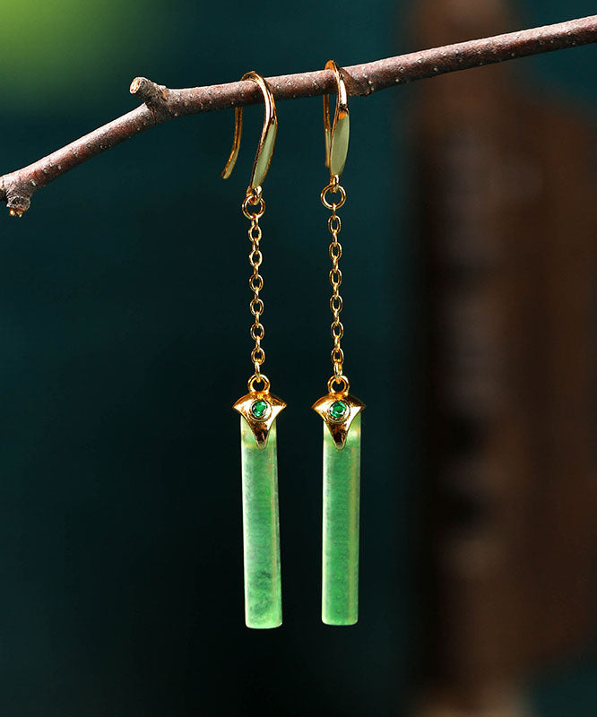 Green Ancient Gold Jade Rectangle Drop Earrings