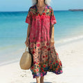 Comstylish Women's Beach Vacation Vintage Floral Print V-neck Casual Flowy Midi Dress