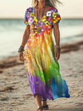 Comstylish Women's Colorful Oil Painting Floral Print Linen Blend Dress
