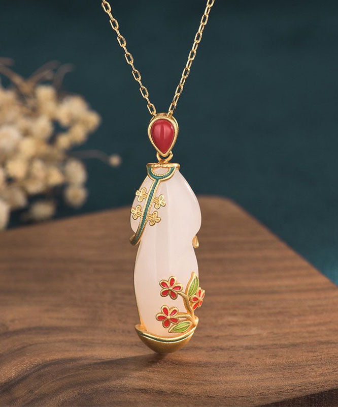 White Inlaid Jade Cloisonne Pendant Necklace