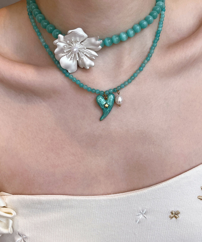 Blue Alloy Love Pearl Cat's Eye Stone Beading Pendant Necklace Two-piece Set