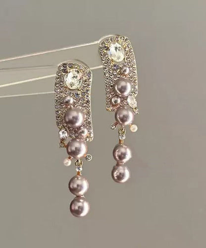 Rose Alloy Zircon Pearl Tassel Drop Earrings