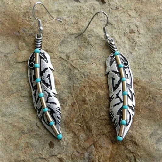 Turquoise Inlaid Stone Leaf Earrings