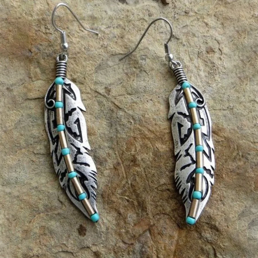 Turquoise Inlaid Stone Leaf Earrings