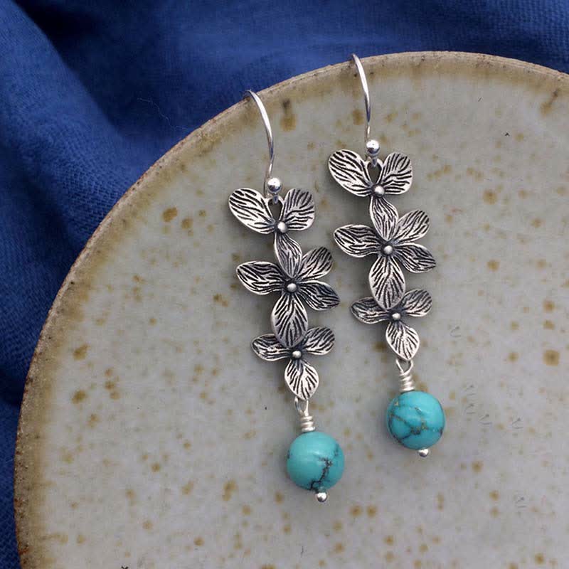 Buddha Stones 925 Sterling Silver Turquoise Lazurite Lapis Lazuli Flower Leaf Serenity Protection Hook Drop Dangle Earrings