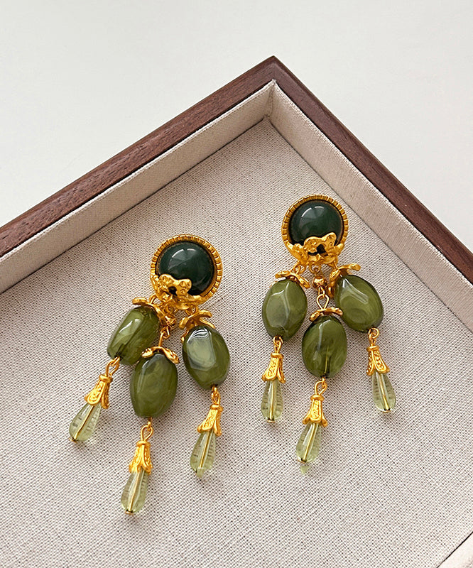 Chinese Style Green Alloy Jade Tassel Drop Earrings