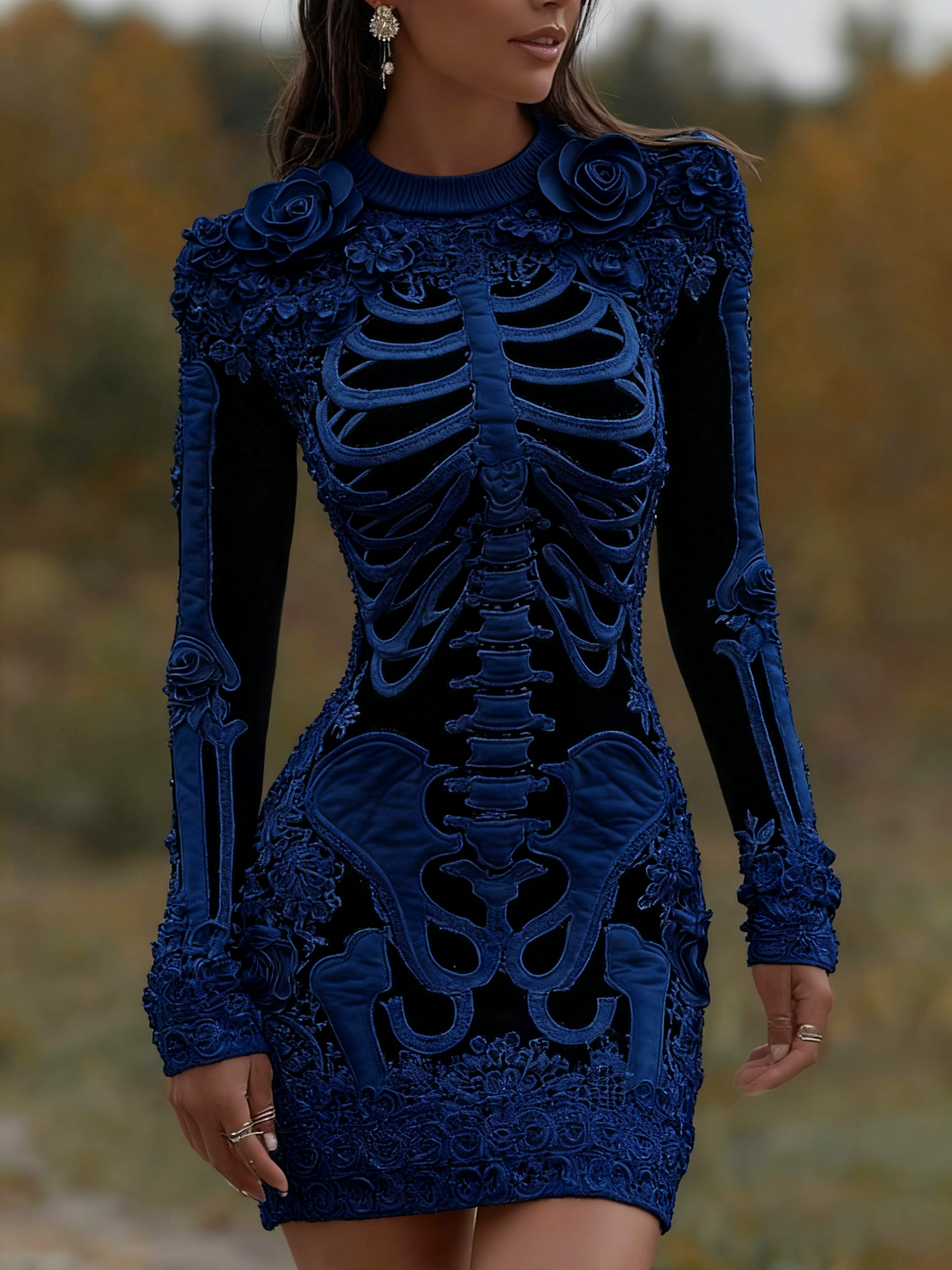 Comstylish Women's Vintage Halloween Skeleton Bones With Rose Art Cozy Knit Mini Sweater Dress