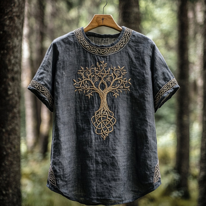 Men's Viking Tree Of Life Celtic Knot Art Linen T-shirt elevenforest