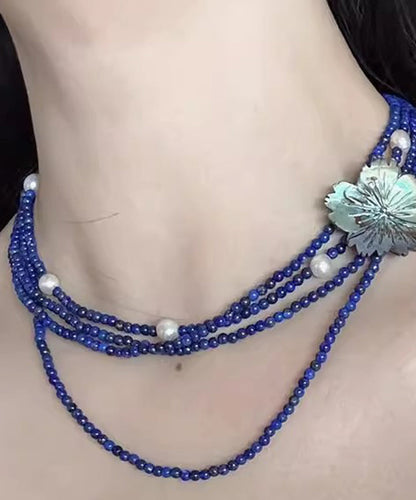 Blue Alloy Pearl Beading Layered Gratuated Bead Necklace