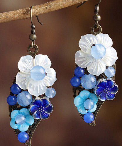 Blue White Copper Shell Flower Chalcedony Cloisonne Drop Earrings