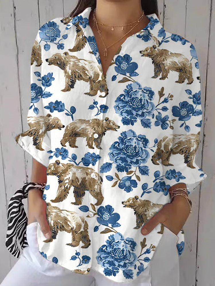 Women's Forest Flowers And Bear Print Casual Lapel Shirt elevenforest
