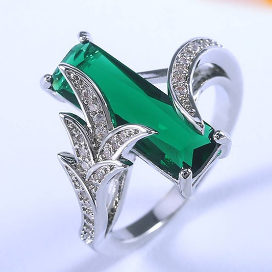 Rectangular Green Crystal Silver Ring