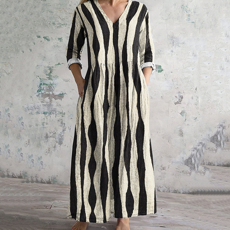 Vintage Stripe Pattern Women's Linen Dress elevenforest