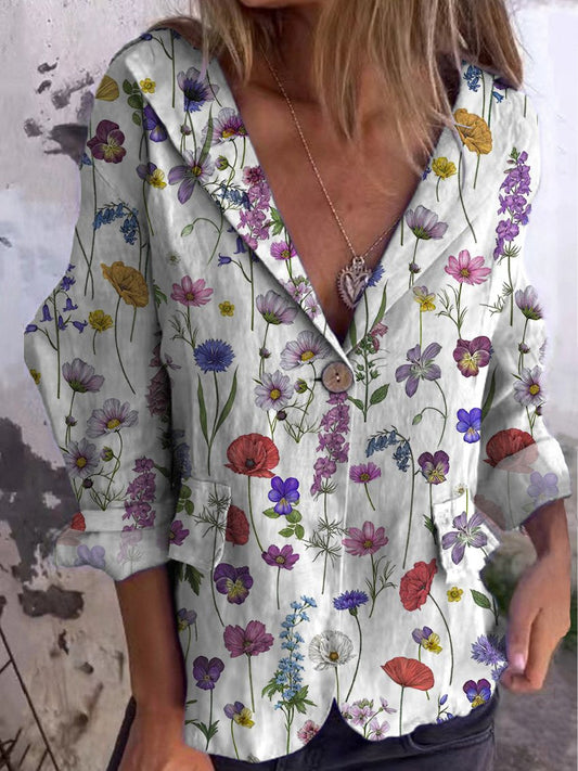 Spring Botanical Garden Pattern Printed Women's Linen And Cotton Pocket Coat
