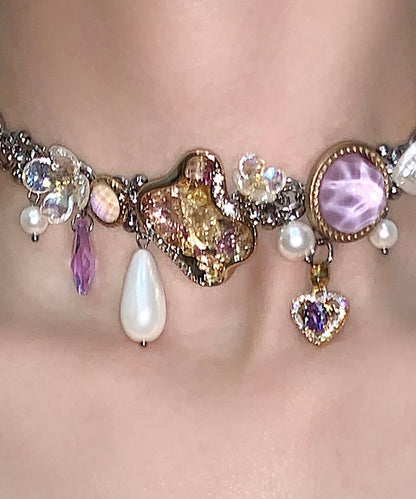 Art Purple Crystal Water Droplet Adjustable Titanium Steel Choker