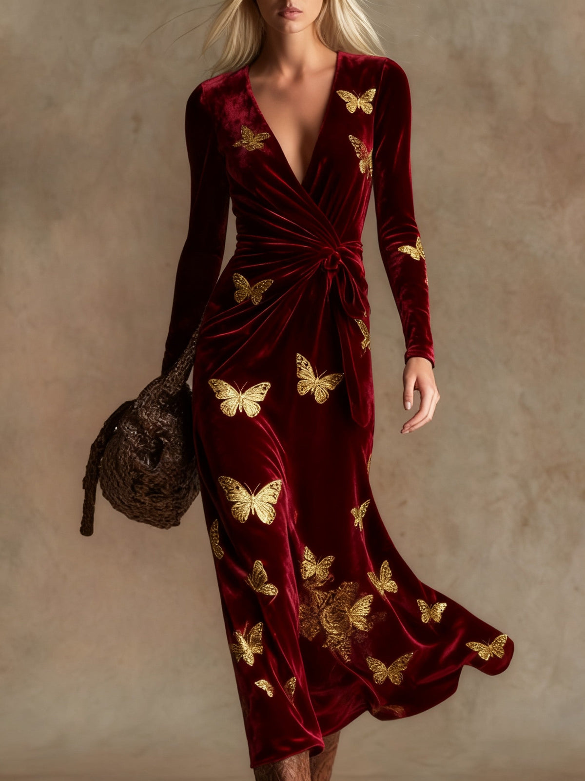 Elegant vintage print V-neck velvet maxi dress