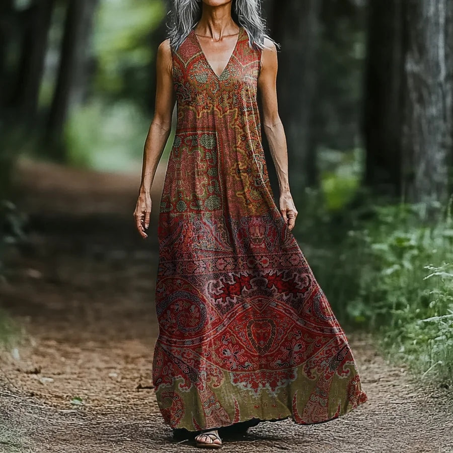 Women's Vintage Western Ethnic Print V-neck Midi Dress elevenforest