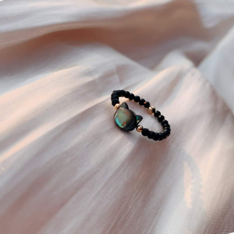 Buddha Stones Natural Tridacna Stone Cat 14k Gold Blessing Ring