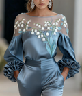 Women's Fashion Shirt with Mesh Embroidered long sleeve Top