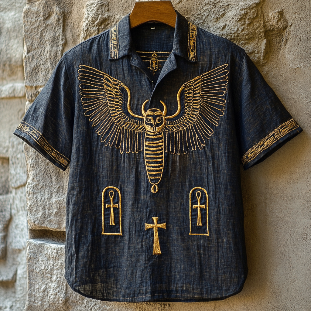 Egyptian Stone Winged Scarab Embroidered Men's Linen Polo Shirt elevenforest