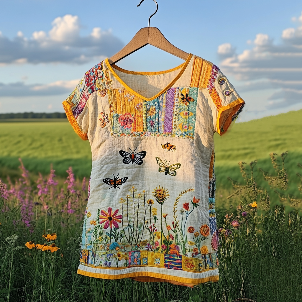 Women's Vintage Butterfly Bee Floral Print V-neck T-shirt elevenforest