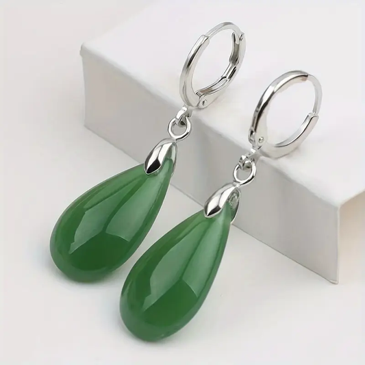 Green Waterdrop Silver Earrings