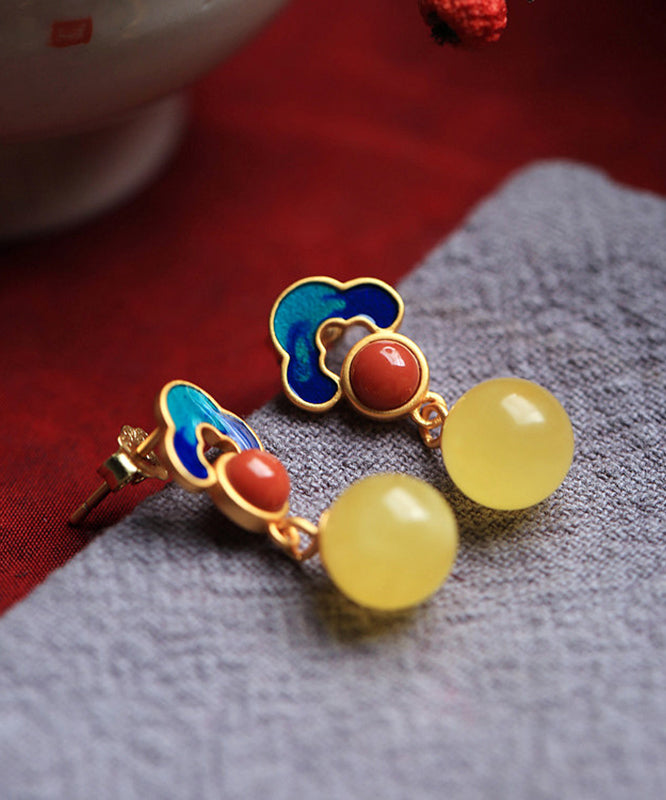Yellow Sterling Silver Inlaid Auspicious Clouds Amber Stud Earrings