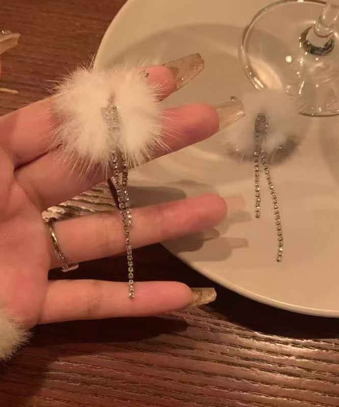 White Sterling Silver Alloy Fuzzy Ball Tassel Drop Earrings