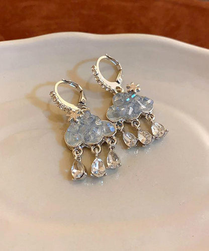 Modern Stylish Blue Sterling Silver Zircon Cloud Tassel Drop Earrings