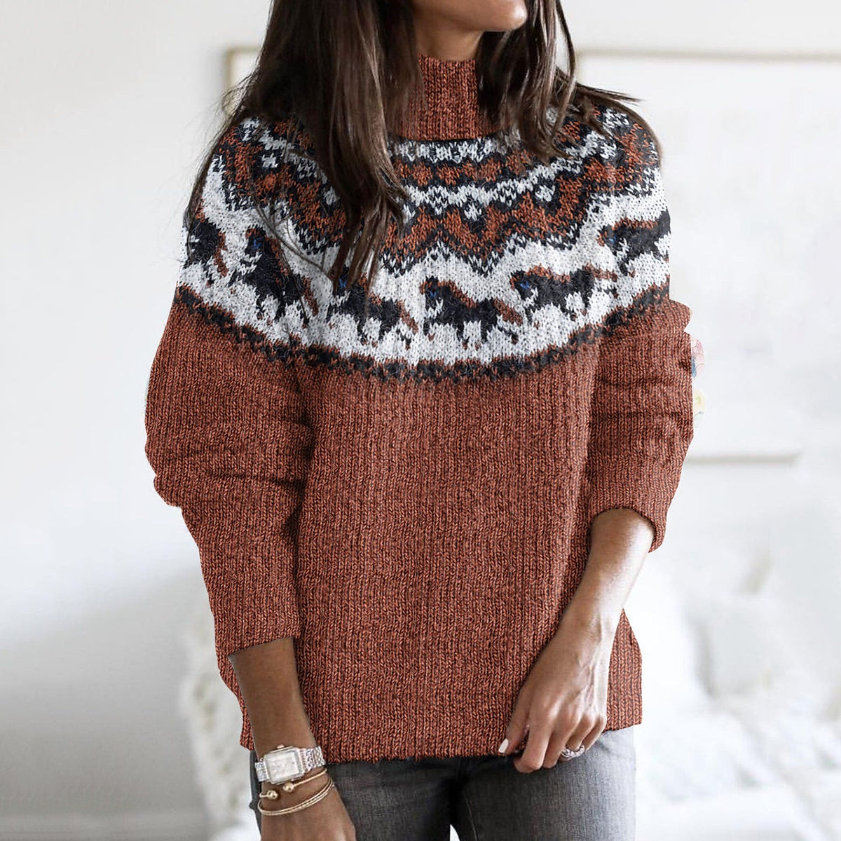Retro Western Horse Knitted Warm Sweater elevenforest