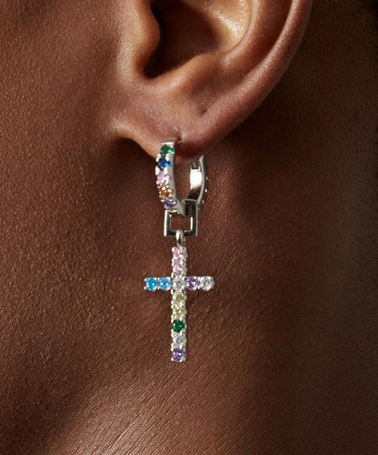 Rainbow Sterling Silver Zircon Cross Hoop Earrings