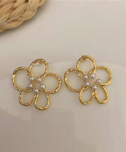 Gold Copper Overgild Pearl Hollow Out Stud Earrings